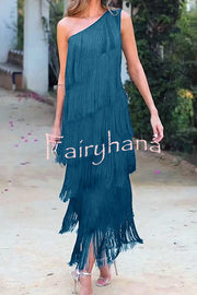 Stylish Fringed One Shoulder Asymmetric Midi Dress