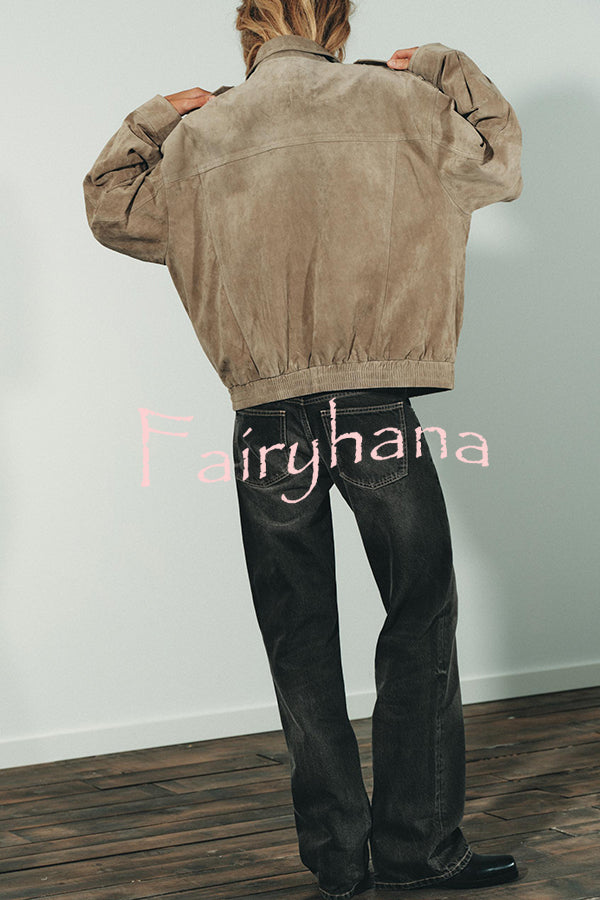 Fashionable Suede Loose Pocket Leather Jacket