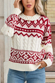 Christmas Ethnic Style Round Neck Long Sleeve Loose Cable Knit Sweater