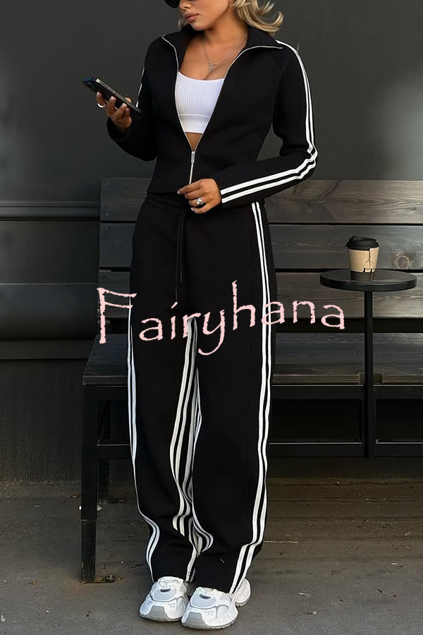 Fashionable Sports Style Striped Long-sleeved Jacket and Elastic Waist Casual Pants Set
