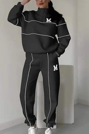 Fashionable Letter Striped Long-sleeved Sweatshirt and Elastic Waist Casual Pocket Pants Set