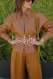 Pop of Brown Faux Leather Double Zipper Detail Balloon Sleeve Lapel Jacket