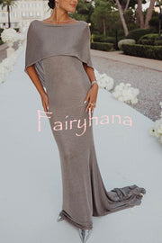 Fit and Elegance Fine Shimmering Fabric Open Cowl Back Draped Neckline Maxi Dress