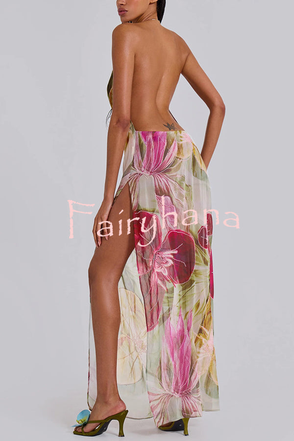 Floral Print Sexy Backless Slit See-Through Holiday Maxi Dress