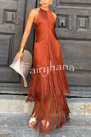 Fashion Sleeveless Halter Neck Elegant Tassel Slim Maxi Dress