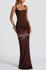 Larrah Square Neck Back Lace-up Satin Drape Hem Maxi Dress