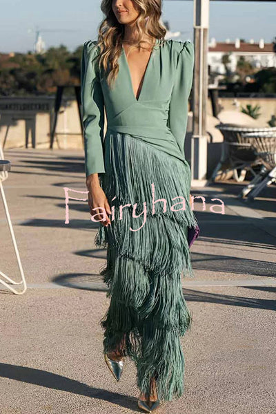 Solid Color V-Neck Long Sleeve Elegant Tassel Maxi Dress