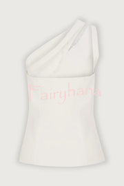 Full of Design Solid Color One Shoulder Asymmetric Slit Button Casual Vest