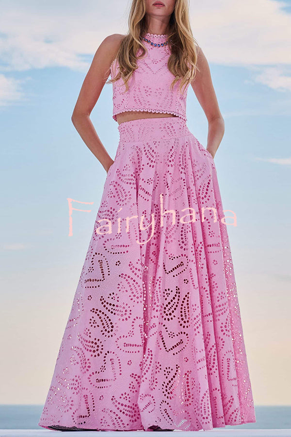 Paris Dreaming Embroidered Lace High Rise Elastic Waist Pocketed Maxi Skirt