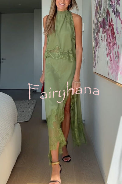 Modern Muse Satin Lace Trim Pleated Neck Top and A-line Irregular Slit Skirt Set
