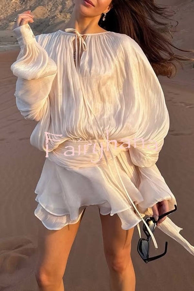 Ninah Glitter Fabric Pleated Balloon Sleeve Tiered Ruffle Hem Mini Dress