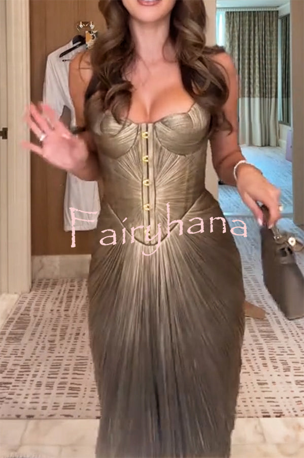 Vegas Queen Metallic Pleated Sculpted Bodice Back Lace-up Drape Maxi Dress