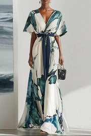 Unique Printed V-neck Short-sleeved Waist-tied Maxi Dress