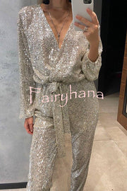 Cheers To You Sequin Long Sleeve Belted Wrap Loose Jumpsuit