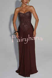Carina Sequined and Satin Jersey Off Shoulder Ruched Knot Drape Maxi Dress