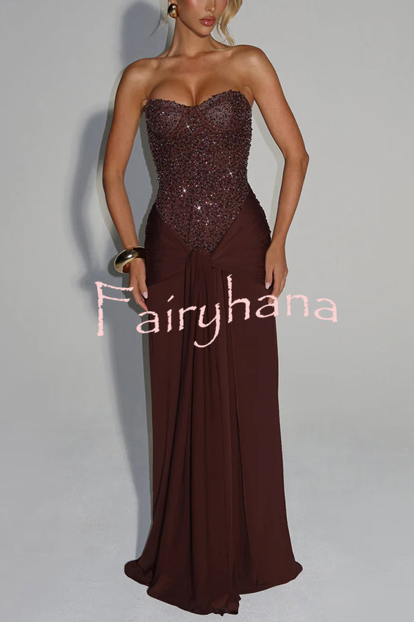 Carina Sequined and Satin Jersey Off Shoulder Ruched Knot Drape Maxi Dress