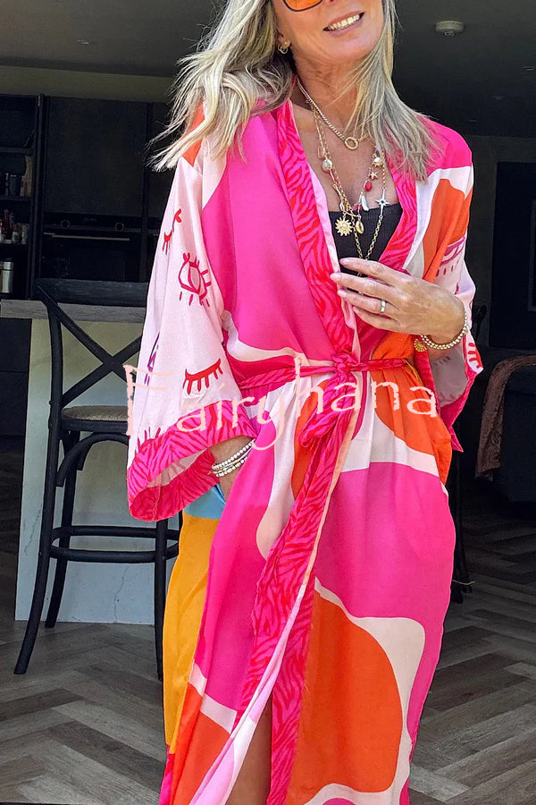 Elevate Beach Style Unique Print Long Sleeve Belted Pocket Cover-up Kimono