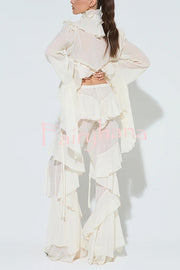 Fashionable Ruffled Elastic Waist Holiday Style Flared Pants