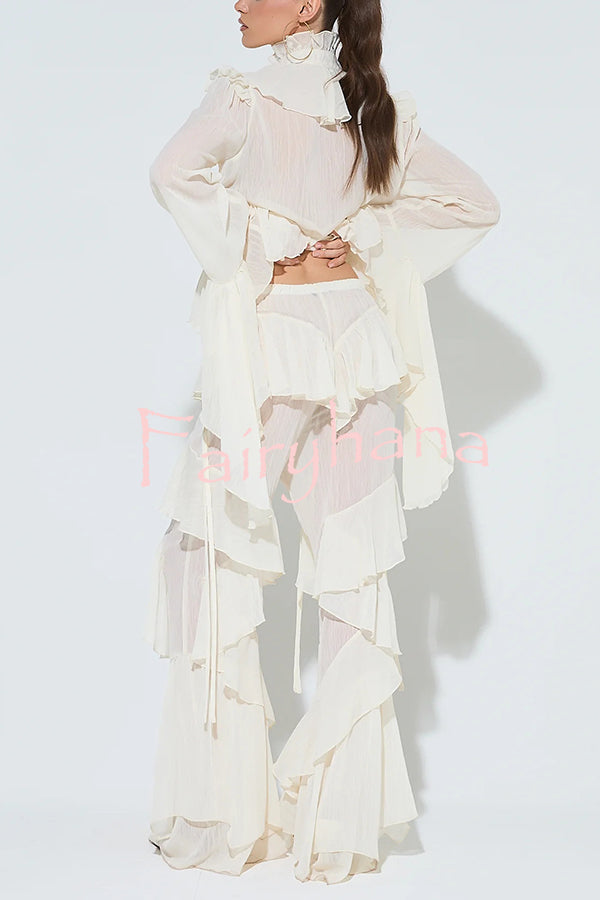 Fashionable Ruffled Elastic Waist Holiday Style Flared Pants