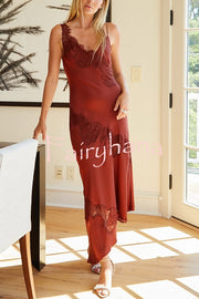 Sexy Lace Stitching Suspender V-neck Asymmetrical Maxi Dress