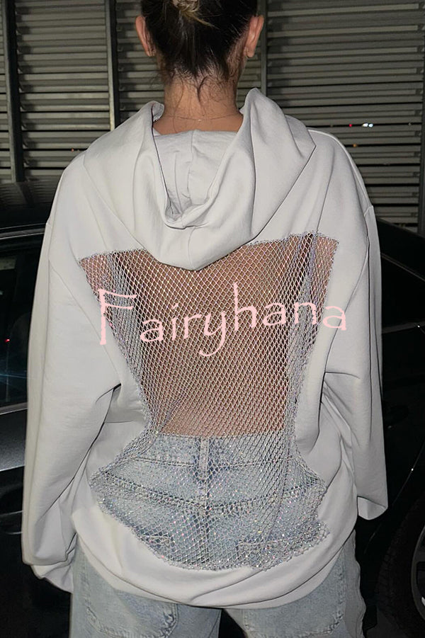 Fashionable Shiny Mesh Hollow Back Loose Long-sleeved Hooded Sweatshirt