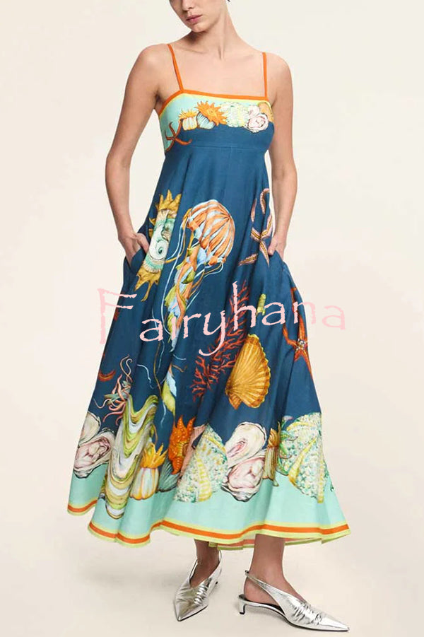 Linen Blend Unique Print Suspenders Back Pleated Pocket Resort Style Maxi Dress