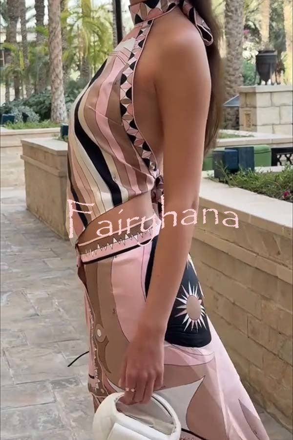Anzio Satin Unique Print Halter Tie-up Tank and Irregular Hem Mini Skirt Set