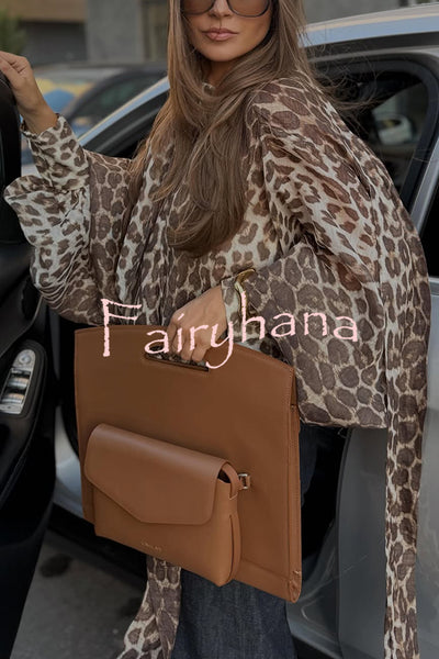 Arianne Chiffon Leopard Print Bow Neck Long Balloon Sleeve Loose Blouse