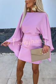 Beautiful Wings Satin Butterfly Sleeves Elastic Waist Formal Mini Dress