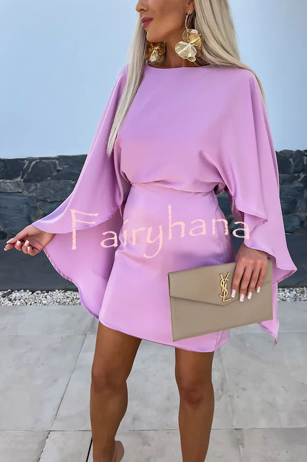 Beautiful Wings Satin Butterfly Sleeves Elastic Waist Formal Mini Dress