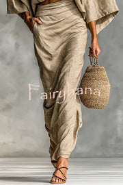 Linen Blend Batwing Sleeve Loose Top and Casual Pocket Maxi Skirt Set