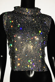 Sexy High-neck Rhinestone Metallic Top