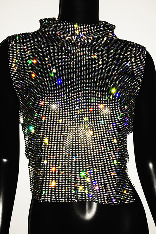 Sexy High-neck Rhinestone Metallic Top