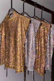 Sexy High-neck Rhinestone Metallic Top