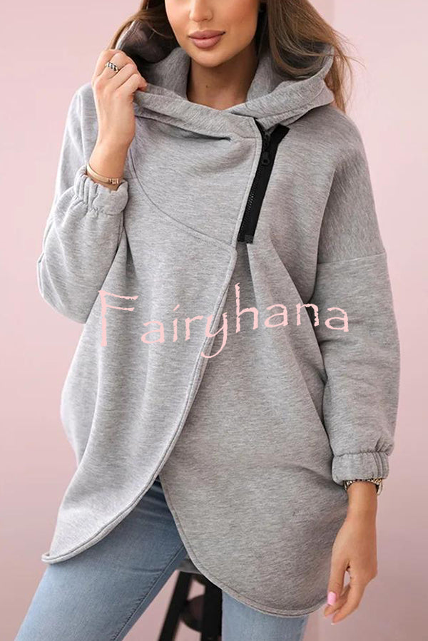 Solid Color Loose Hooded Zip-up Casual Sports Jacket