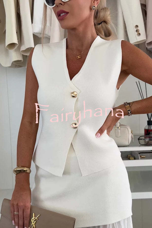 Stylish and Elegant Knit Gold Buttons V-neck Loose Vest