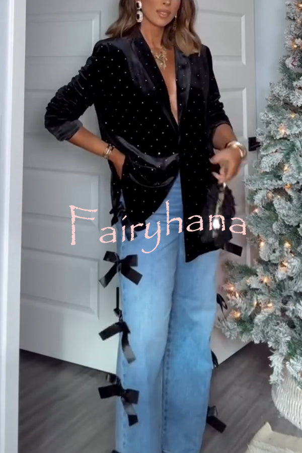 Runway Muse Embellished Velvet Long Sleeve Pocketed Lapel Blazer