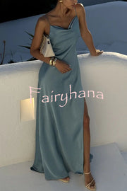 Flowing Elegance Satin Draped Neck Backless Ruffle Slit Maxi Dress
