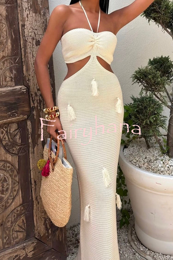Fashion Halterneck Waist-baring Tassel-embellished Knitted Maxi Dress