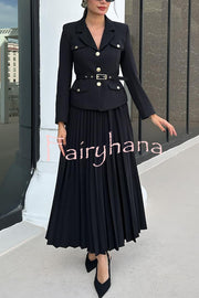 Solid Color Lapel Button Belt Blazer and Pleated Casual Maxi Skirt Set