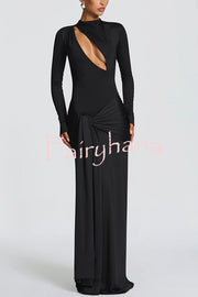 Sexy Cutout Fitted Long-sleeved Pleated Satin Ribbon Maxi Dresses