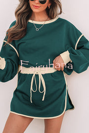 Fashion Round Neck Long Sleeve Spliced Casual Top and Elastic Waist Loose Shorts Set