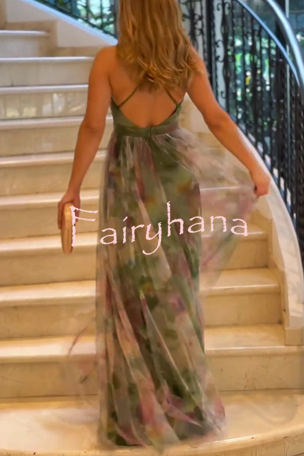 Kerrie Tulle Render Floral Print Cross Back Straps Maxi Dress