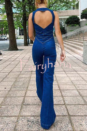 Fashionable Heart Hollow Back Slim High Waist Flared Denim Jumpsuit