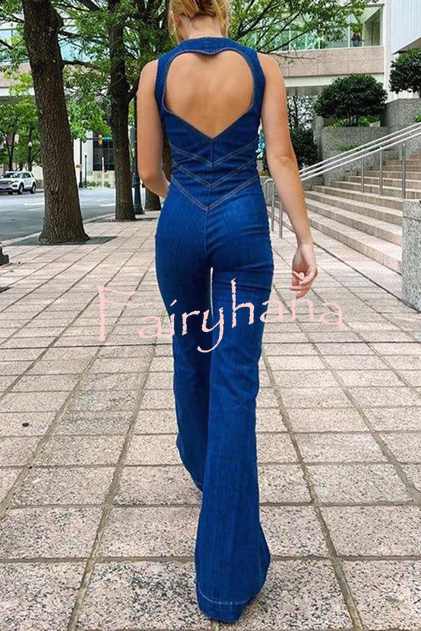 Fashionable Heart Hollow Back Slim High Waist Flared Denim Jumpsuit