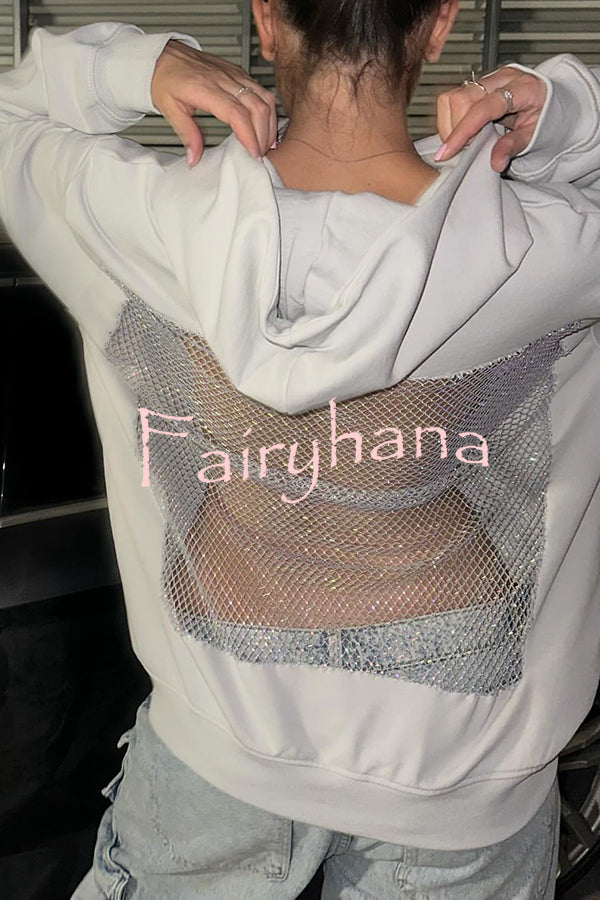 Fashionable Shiny Mesh Hollow Back Loose Long-sleeved Hooded Sweatshirt