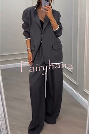 Fashion Sports Style Ribbed Colorblock Lapel Blazer and Elastic Waist Pocket Loose Pants Set