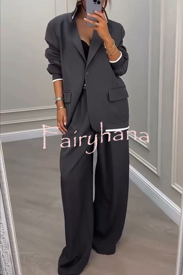 Fashion Sports Style Ribbed Colorblock Lapel Blazer and Elastic Waist Pocket Loose Pants Set