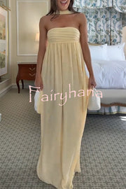 Butter Yellow Ruched Bust Off Shoulder Scarf A-line Maxi Dress