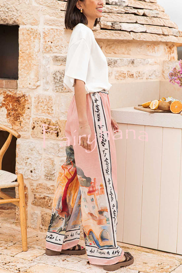 Unique Printed Elastic Waist Vacation Casual Wide Leg Pants